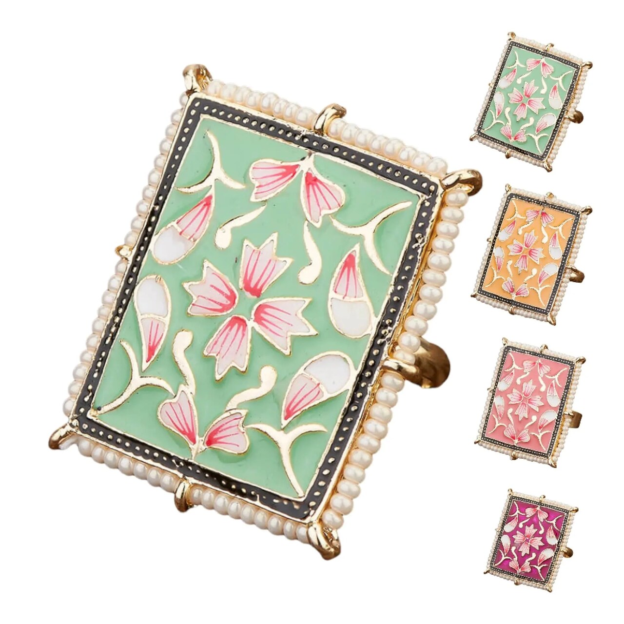 Classic Ring Meenakari Work Designer Adjustable Pearl Finger Ring for Women Minakari Ring with Gold Plating Statement Ring Boho Open Wrap Indian Bollywood Jewelry for Wedding Party